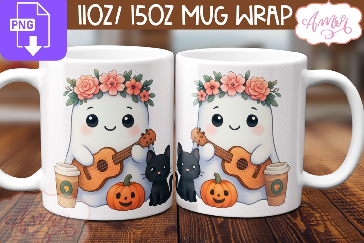 Cute Halloween mug wrap PNG, Cute ghost playing ukulele