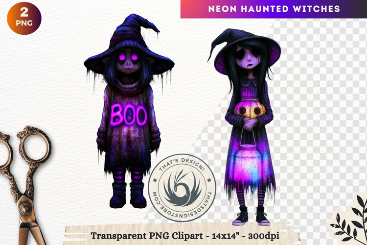 Neon Haunted Witches Clipart, Spooky Kawaii Halloween PNG