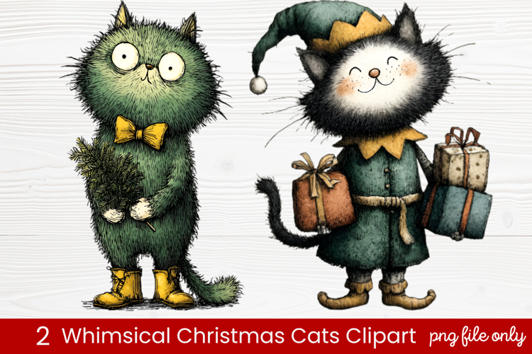 2 Whimsical Christmas Cats Clipart | Cute Festive Cat PNG