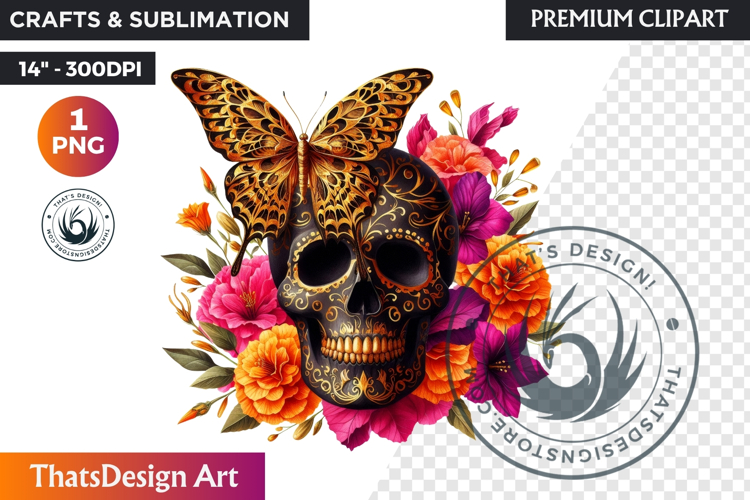 Floral Black Gold Sugar Skull Day of the Dead Clipart PNG