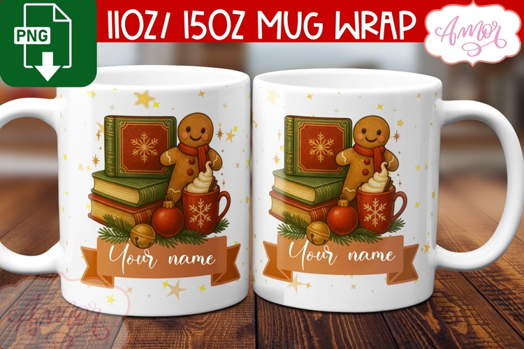 Merry Christmas mug wrap PNG, Gingerbread man mug template