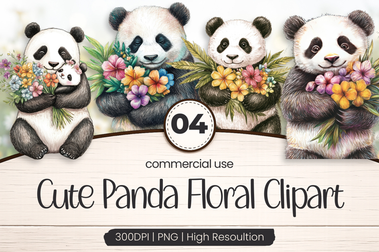 Cute Panda Floral Clipart PNG