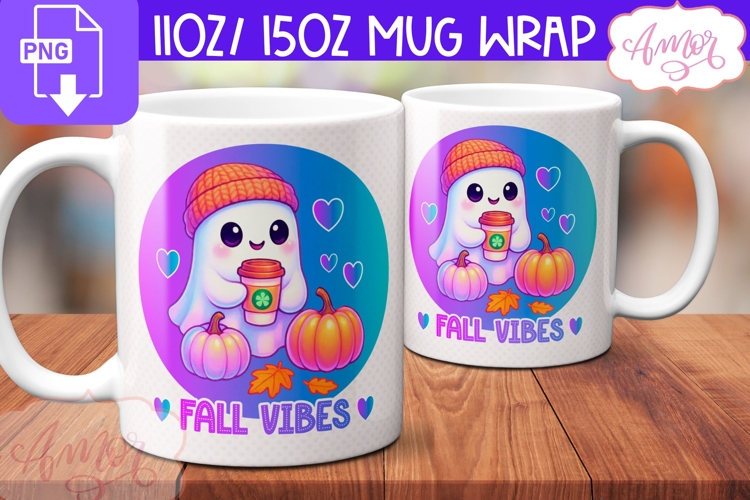 Fall Vibes mug wrap PNG, Cute ghost mug PNG