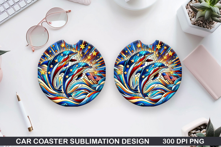 Dolphins Car Coaster Sublimation, 4th Of July Coaster PNG