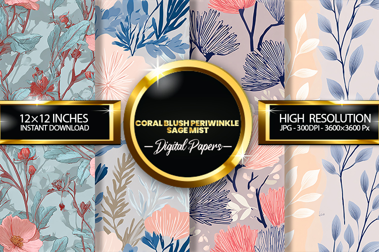 Coral Blush Periwinkle Sage Mist Digital Papers - 04 variati