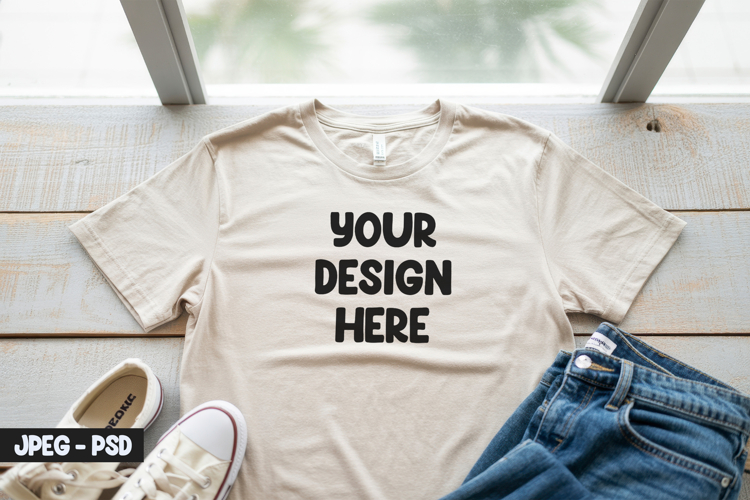 Beige T-Shirt PSD Mockup Flat Lay