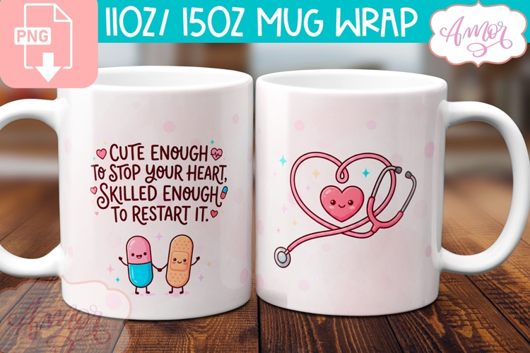 Nurse Mug Wrap PNG, Cute Nurse Valentines Mug Template