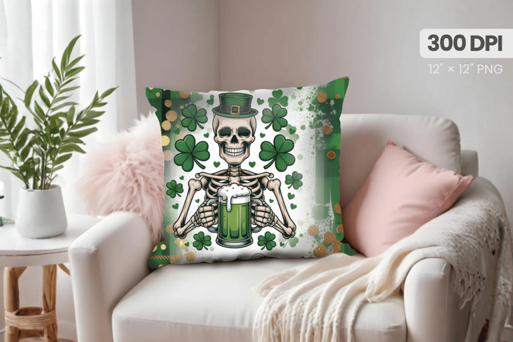 Funny Skeleton with Beer Pillow PNG Sublimation Design