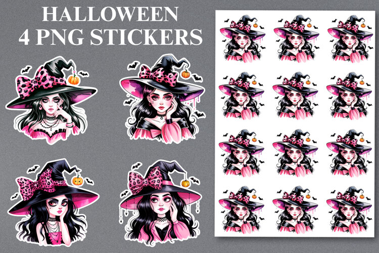 4 Halloween Witch Stickers Png | Printable example image 1