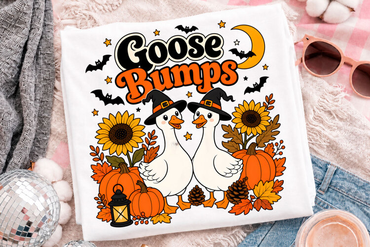 Cute Halloween Goose Couple With Witch Hats Pumpkins example image 1