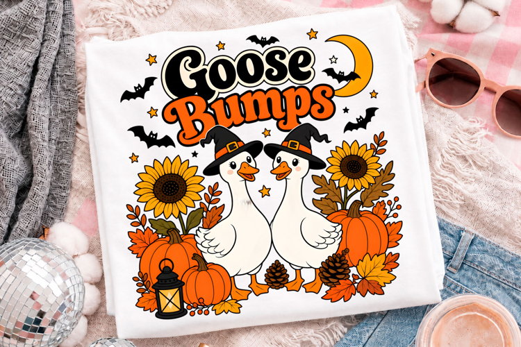 Cute Halloween Goose Couple With Witch Hats Pumpkins