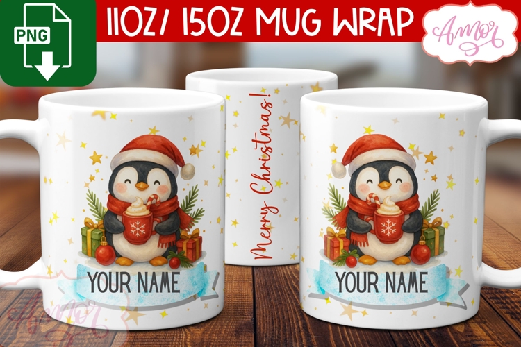 Custom Christmas mug wrap PNG, Cute penguin mug PNG