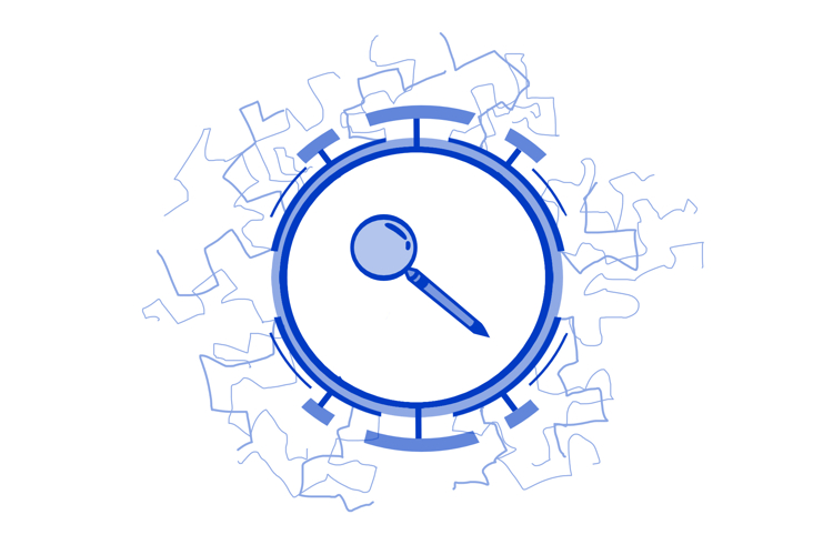 Magnifier icon in a round frame on transparent background