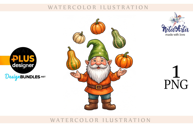 Gnomes with Pumpkin Harvest in Watercolor Style