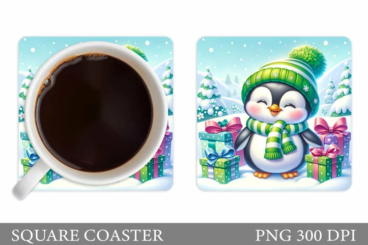 Cute Penguin Coaster Sublimation. Christmas Coaster Design