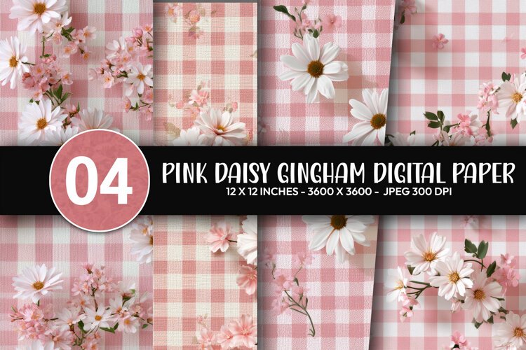 Pink Daisy Gingham Digital Paper example image 1