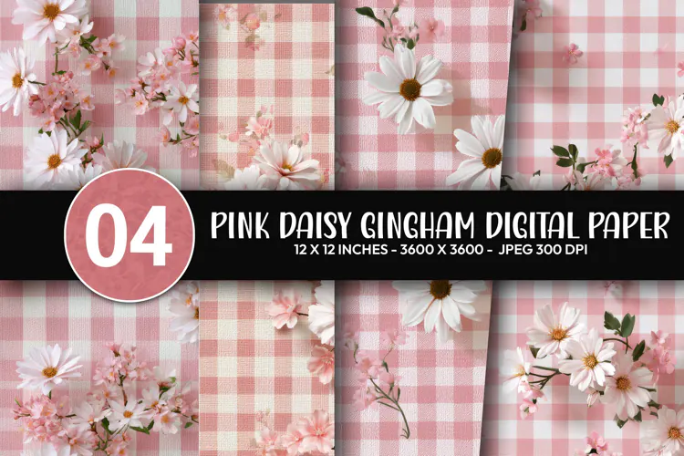 Pink Daisy Gingham Digital Paper