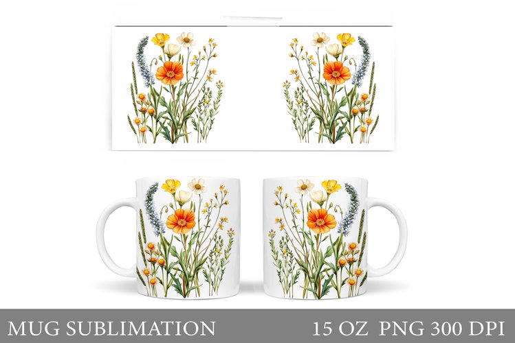 Wildflowers Mug Sublimation. Flowers Mug Wrap Design example image 1