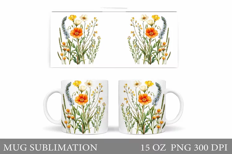 Wildflowers Mug Sublimation. Flowers Mug Wrap Design