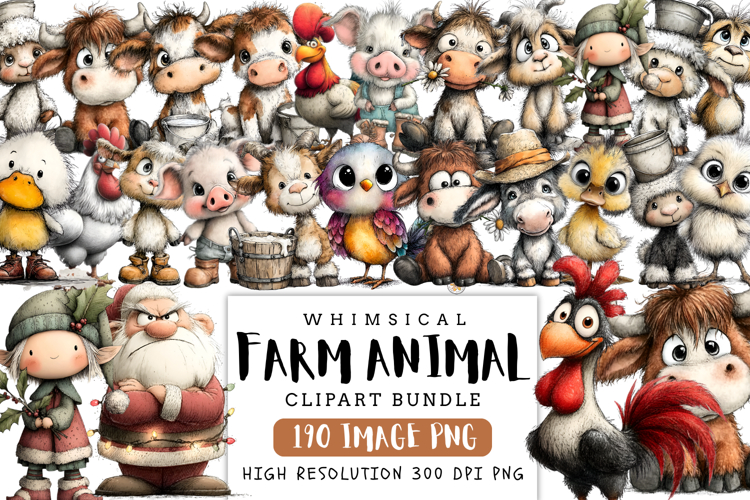Whimsical Farm Animal Clipart Bundle | Cute Barnyard PNG Set