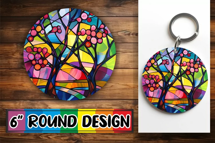 Keychain Stained Glass Tree Colorful Round Design