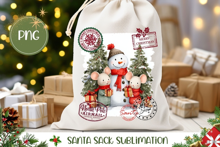 Cartoon Christmas Animals Santa Sack, Snowman Gift Bag PNG