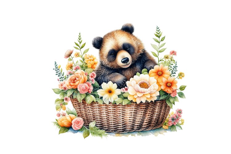 Watercolor Bear Sitting in Basket Spring Clipart Sublimation