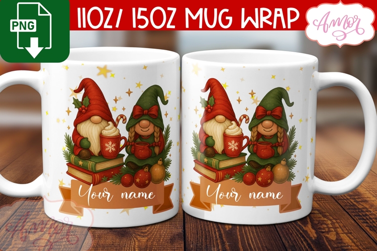 Cute Christmas mug wrap PNG, Christmas gnome mug template
