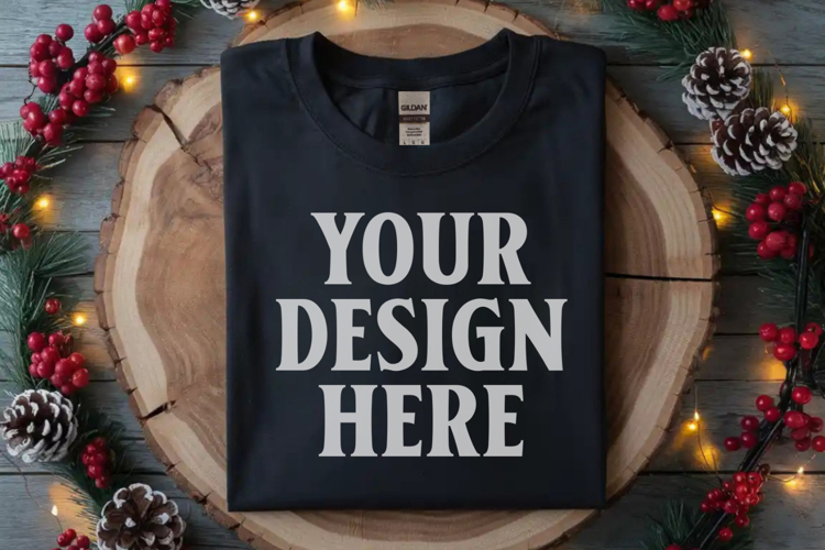 Gildan 64000 Black Folded Christmas Flat Lay T-shirt Mockup