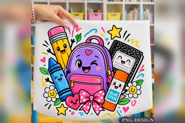 Kindergarten School PNG, Cute Backpack Pencil Crayon Design