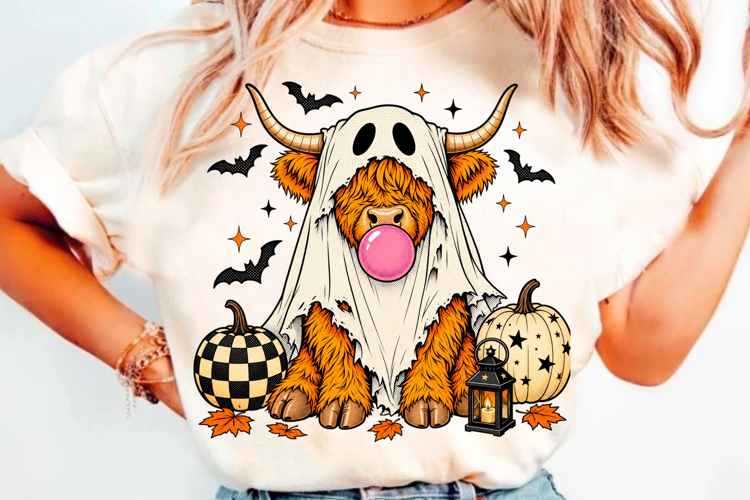 Halloween ghost buffalo with pumpkin, bats and spooky autumn