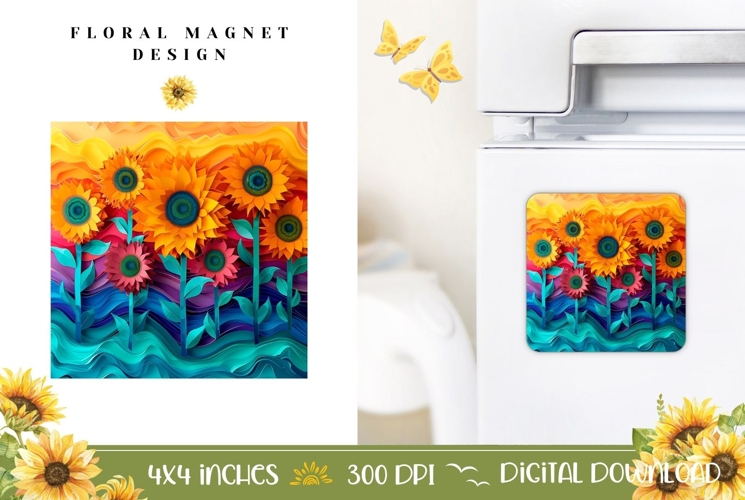 Flowers Magnet PNG, Paper Sunflowers Magnet Sublimation