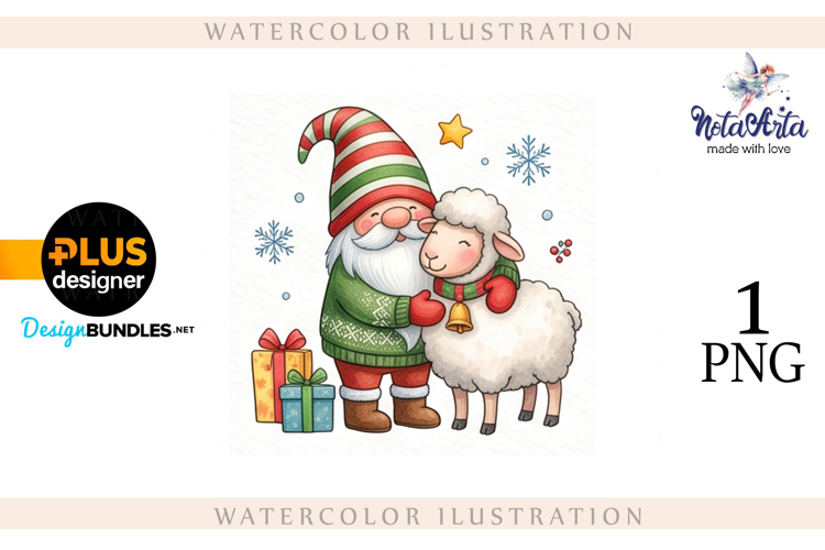 Christmas Gnome Santa with a Sheep in Watercolor Style
