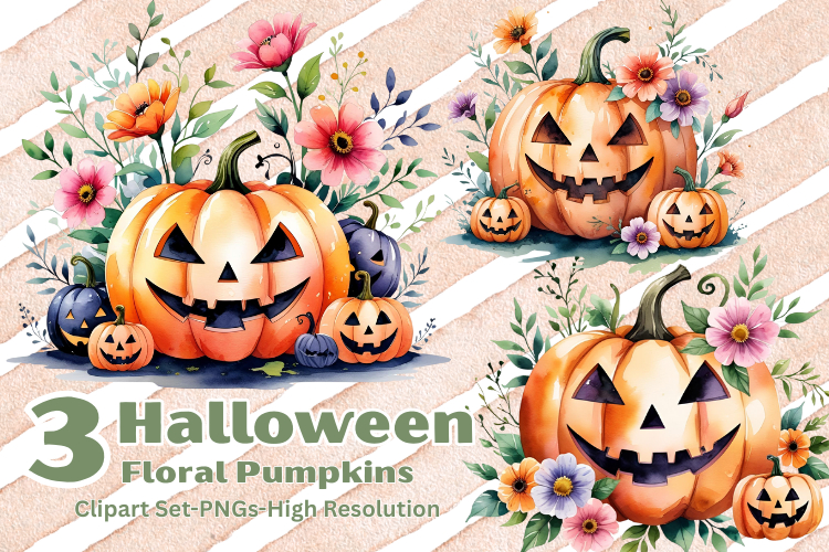 Watercolor Floral Pumpkin Clipart Set | Halloween PNGs