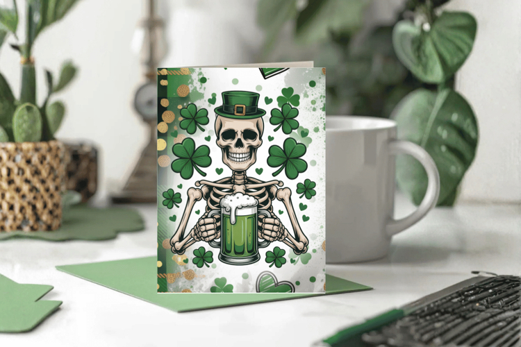 Funny Skeleton with Beer Greeting Card PNG Sublimation Desig