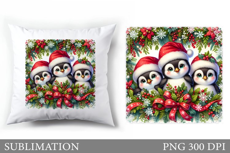 Cute Penguin Pillow Design. Christmas Pillow Sublimation example image 1