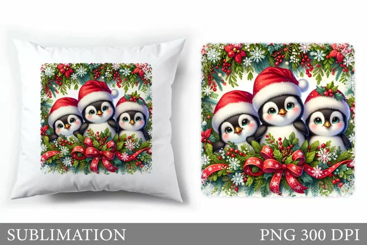 Cute Penguin Pillow Design. Christmas Pillow Sublimation