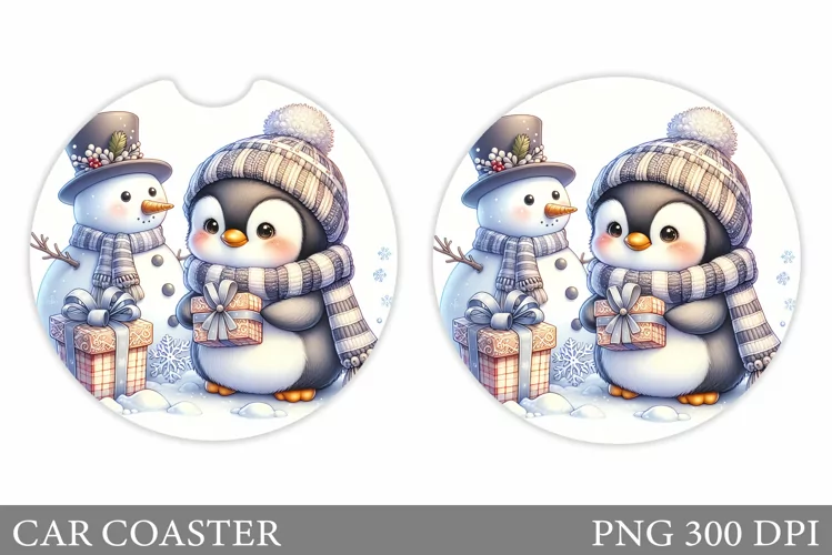 Cute Penguin Car Coaster. Christmas Car Coaster Design