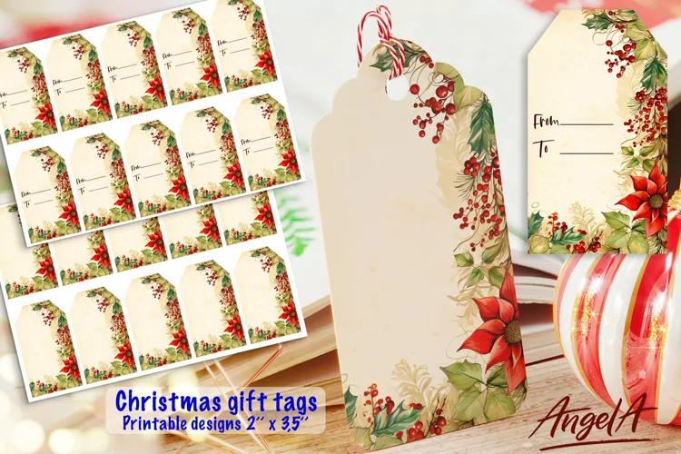 Christmas printable gift tag, papyrus, holly, poinsettia