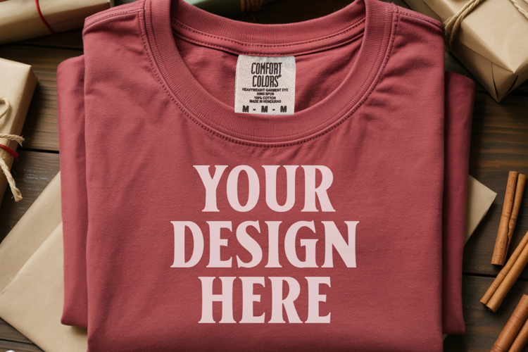 Crimson Comfort Colors 1717 Christmas Folded T-Shirt Mockup