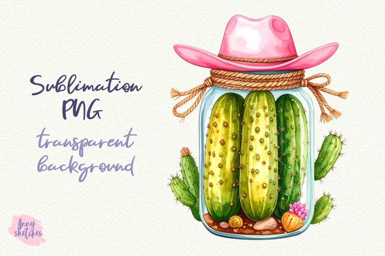 Pickle Jar Pink Cowboy Kawaii Cactus Sublimation Design