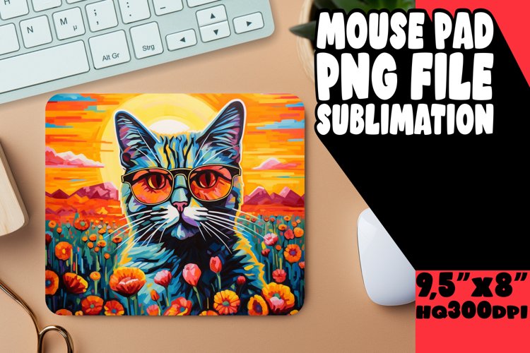 Colorful Cat Mouse Pad with Floral Design PNG