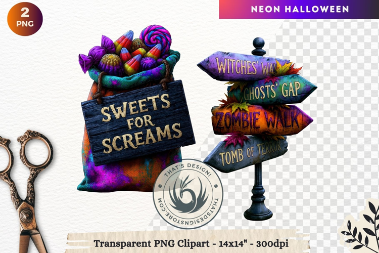 Neon Halloween Character Clipart Spooky Kawaii treats PNG