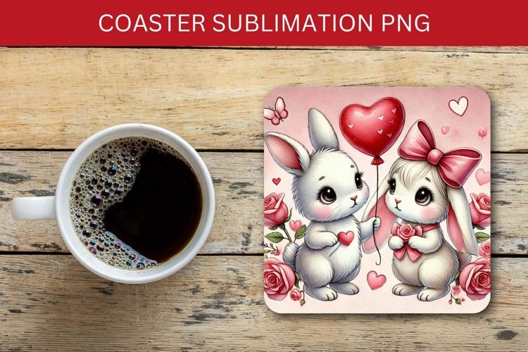 valentine square coaster - rabbit bunny couple example image 1