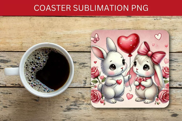 valentine square coaster - rabbit bunny couple