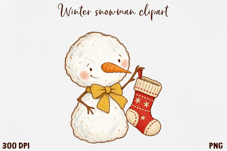 Cute Winter Snowman Clipart, Cozy Christmas Snowman PNG.