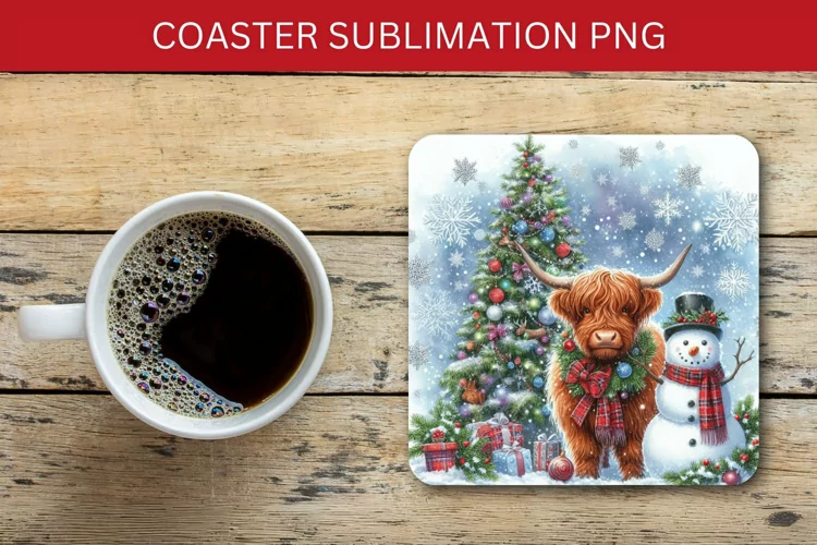 square coaster - highland cow and snowman