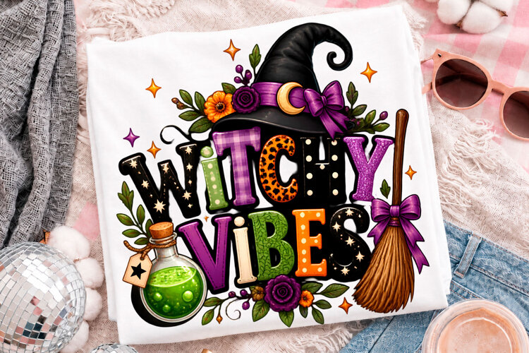 Witchy Vibes Halloween Witch Hat Potion T-Shirt Design example image 1