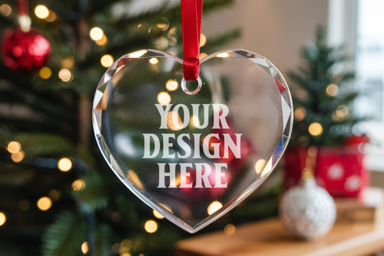Christmas Heart Crystal Glass Ornament Mockup | Clear Heart