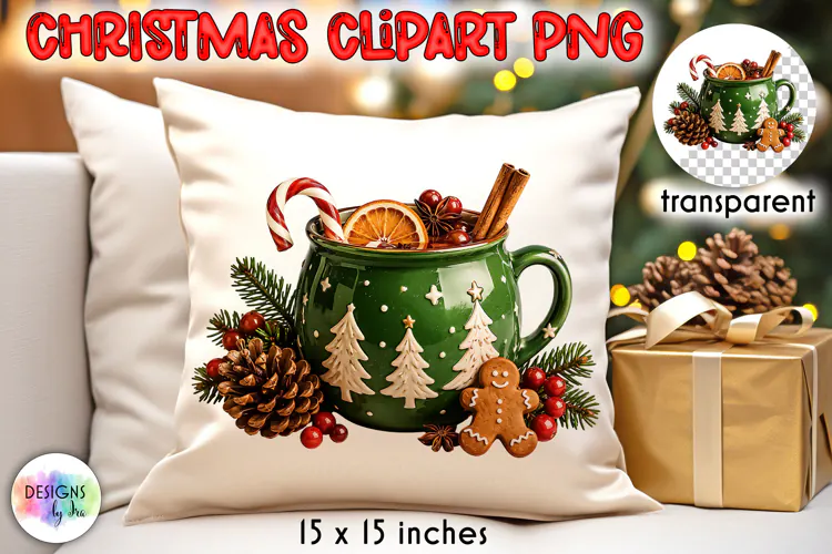 Green Christmas Mug With Gingerbread and Candy PNG
